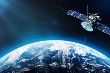 Space,Satellite,Orbiting,The,Earth.,3d,Rendering